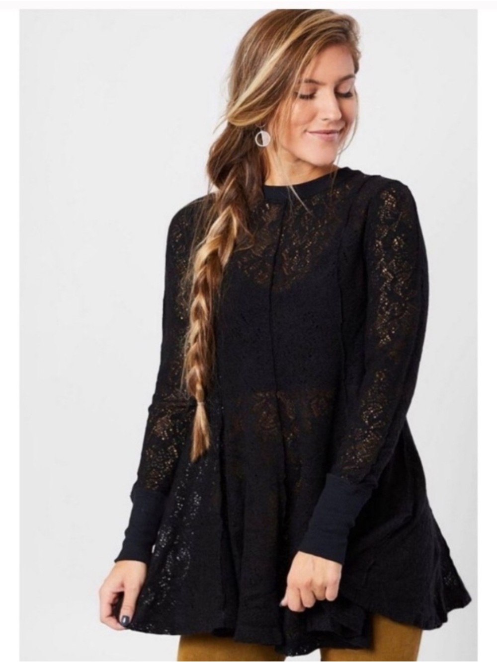 Free People Black Lace Long-Sleeve Tunic Dress